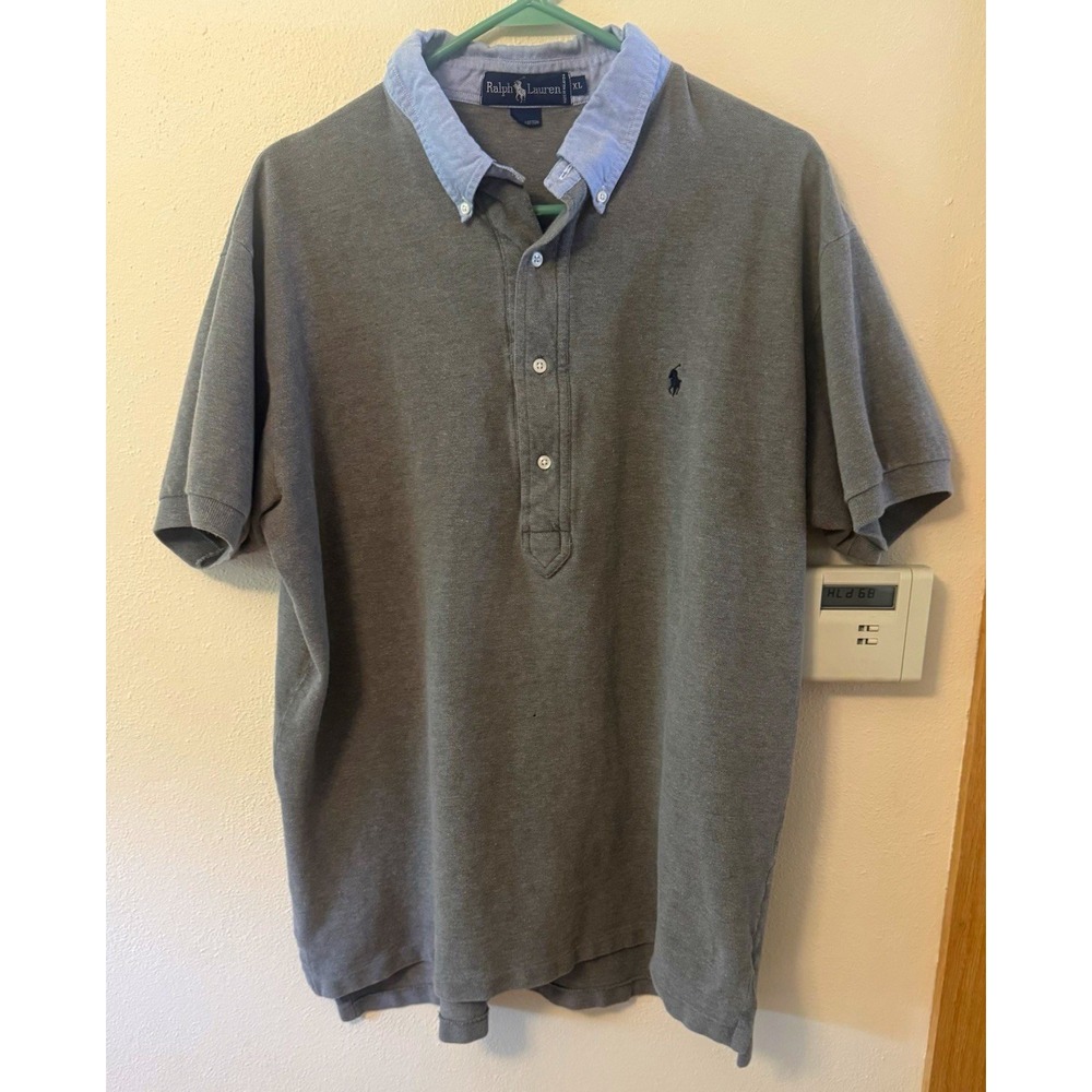 Ralph Lauren Men's XL Gray/Blue Solid Knit Polo Shirt Button-Down Collar Golf